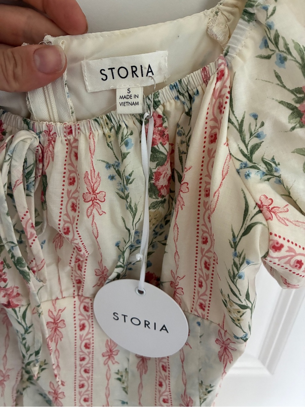NWT 100% cotton Storia Cream and Pink Floral Puff-Sleeve Midi Dress - Picture 4 of 11
